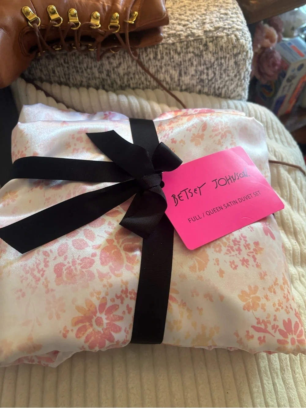 Betsey Johnson Pink and Black Floral Satin Duvet Set